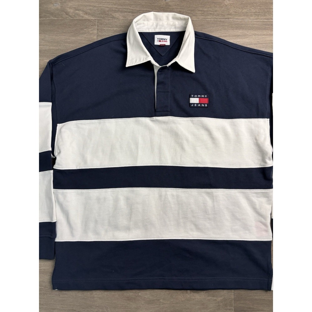 Tommy Jeans Striped Rugby Shirt Classic Spellout Men's Size M White Navy